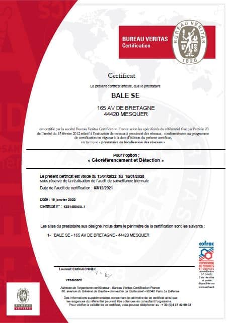 Certification Véritas BALE SE pour Géoréférencement et Détection